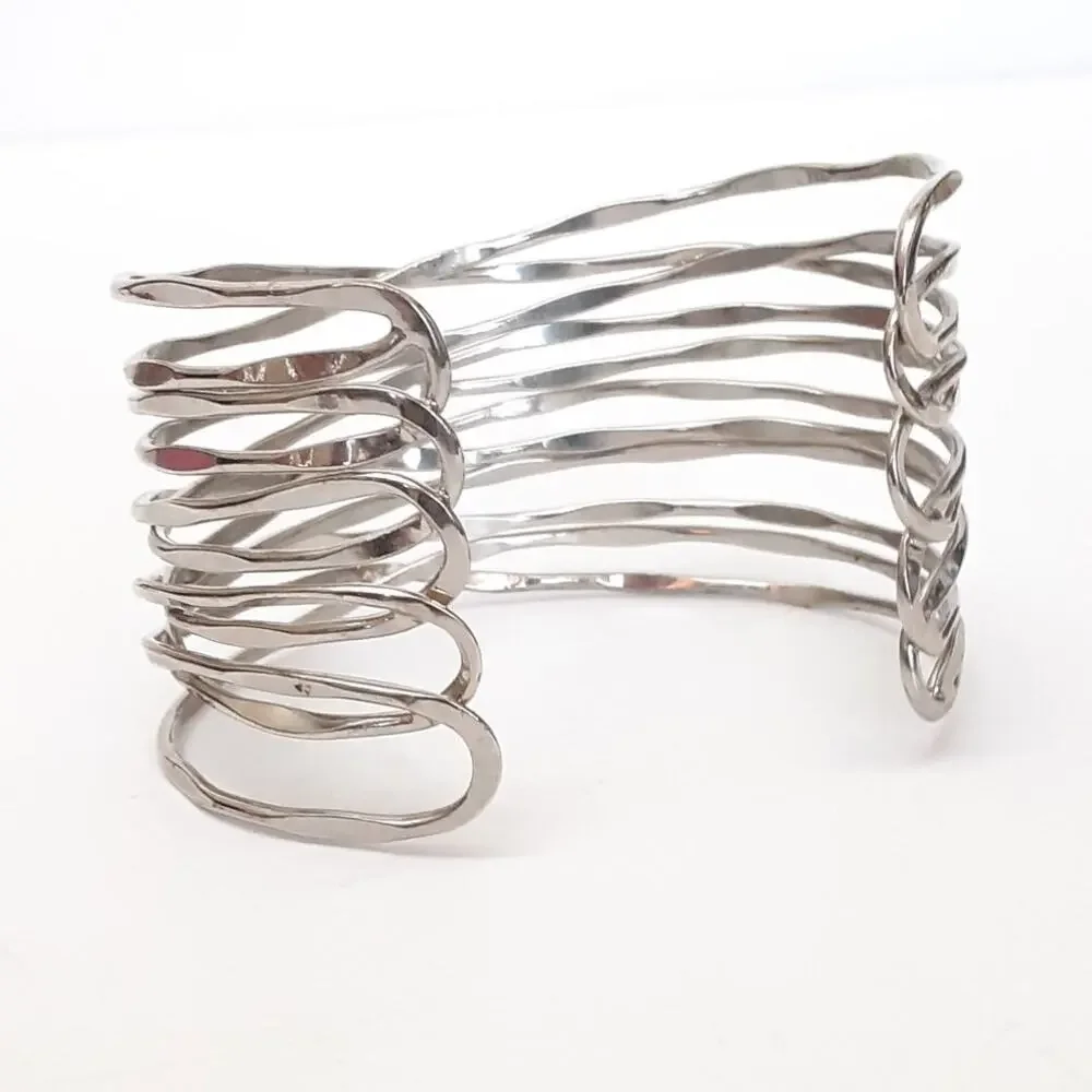 Vintage 80s Silver Tone Cuff Bracelet MCM Art to Wear Costume Jewelry Minimalist